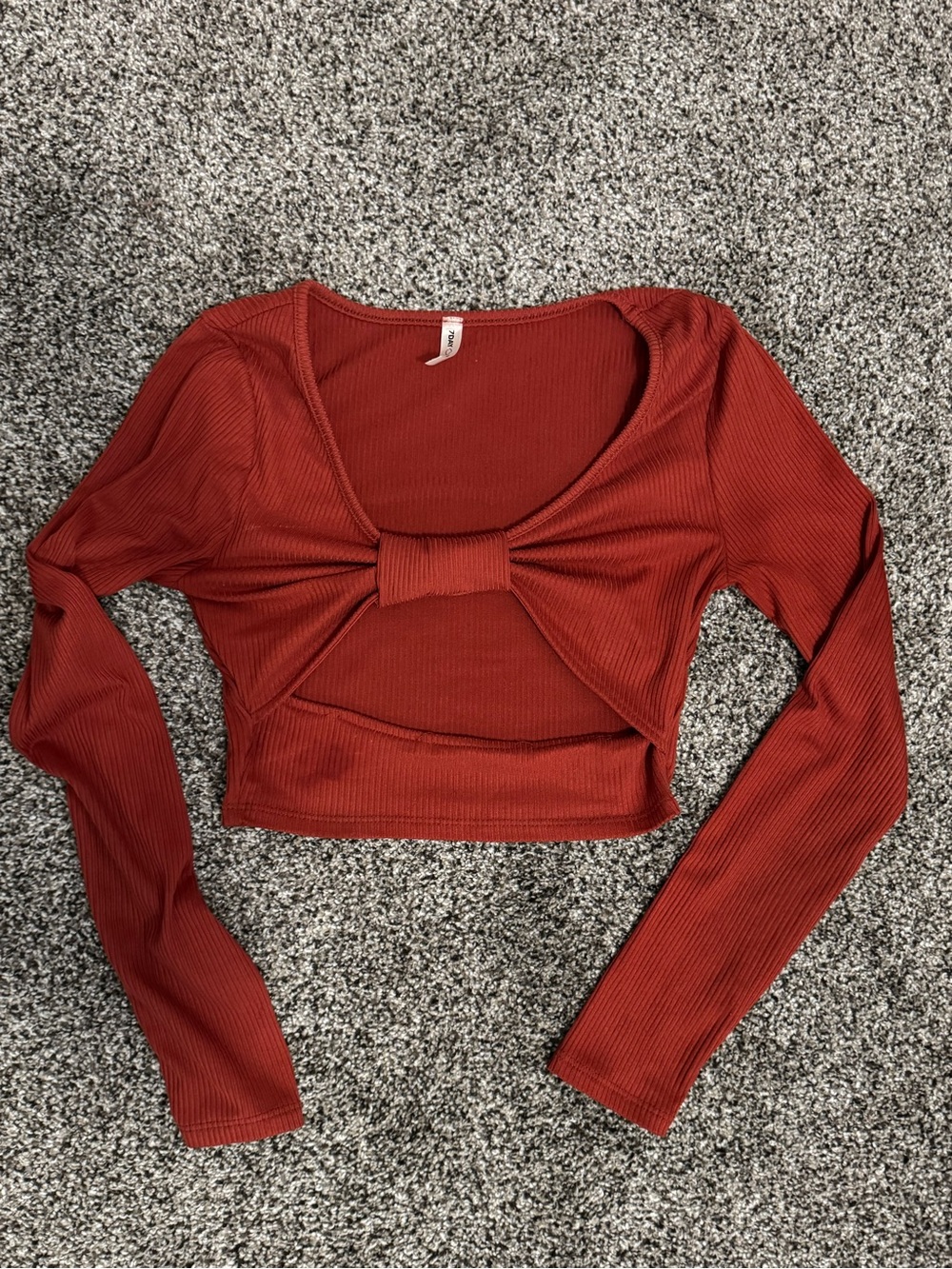 Rust Ribbed Long-Sleeve Crop Top with Front Bow Detail
